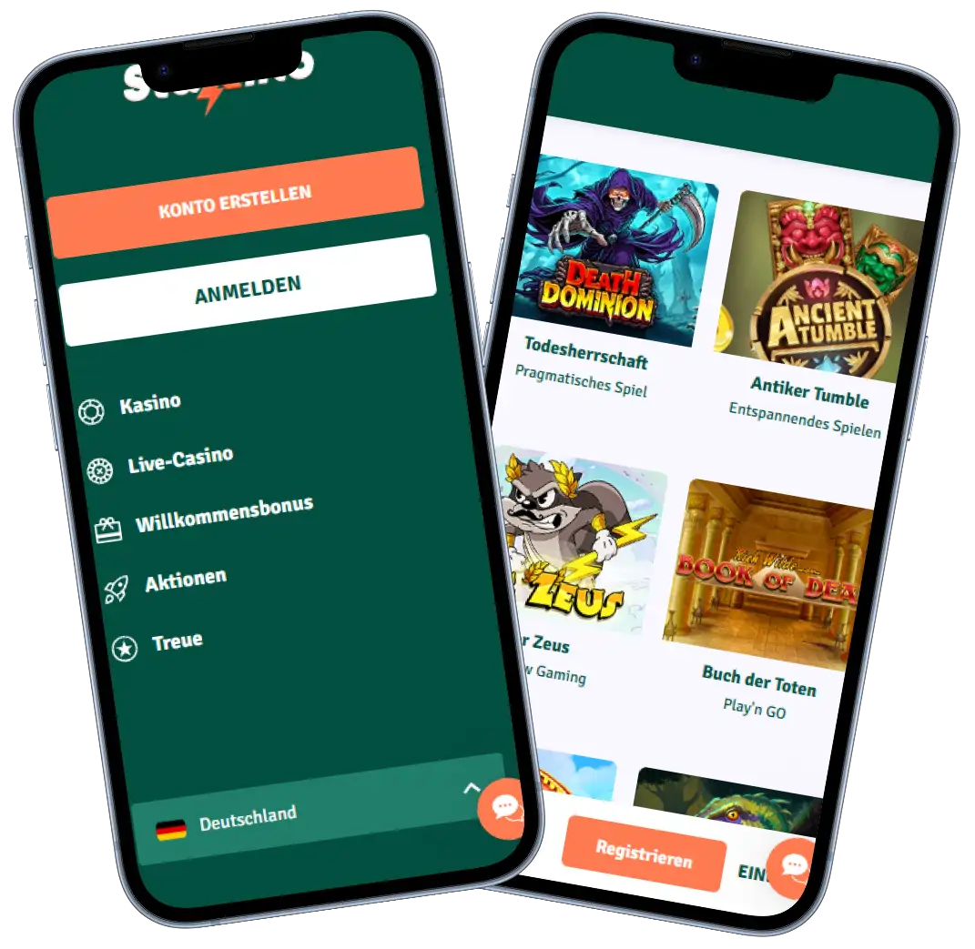 Staxino Casino mobile Version mit Spielauswahl, Navigation und Registrierung
