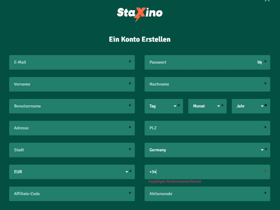Staxino Casino Registrierung mit Formular zur Kontoerstellung